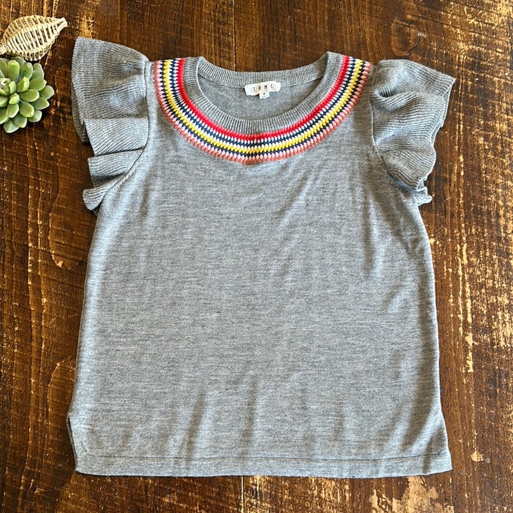 THML | Gray Flutter Capped Sleeve Sweater  Embroidered Neckline Medium Casual